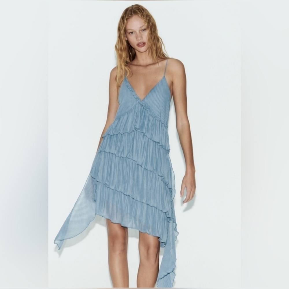 Zara Asymmetrical Blue Ruffle Dress
